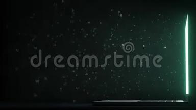 计算机附加文本由字母从笔记本电脑屏幕上飞出。 3D动动画